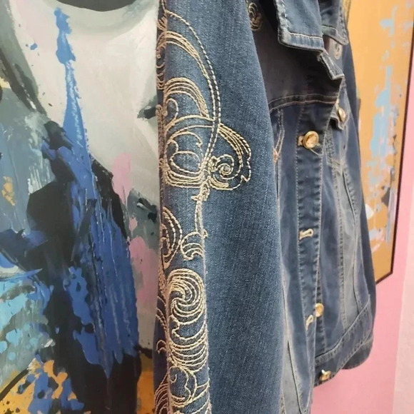 Chico's Platinum Embroidered Denim Jacket - Picture 3 of 8